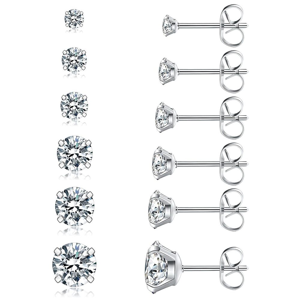 6 Pairs Stud Earrings Set, Hypoallergenic Cubic Zirconia 316L Earrings Stainless